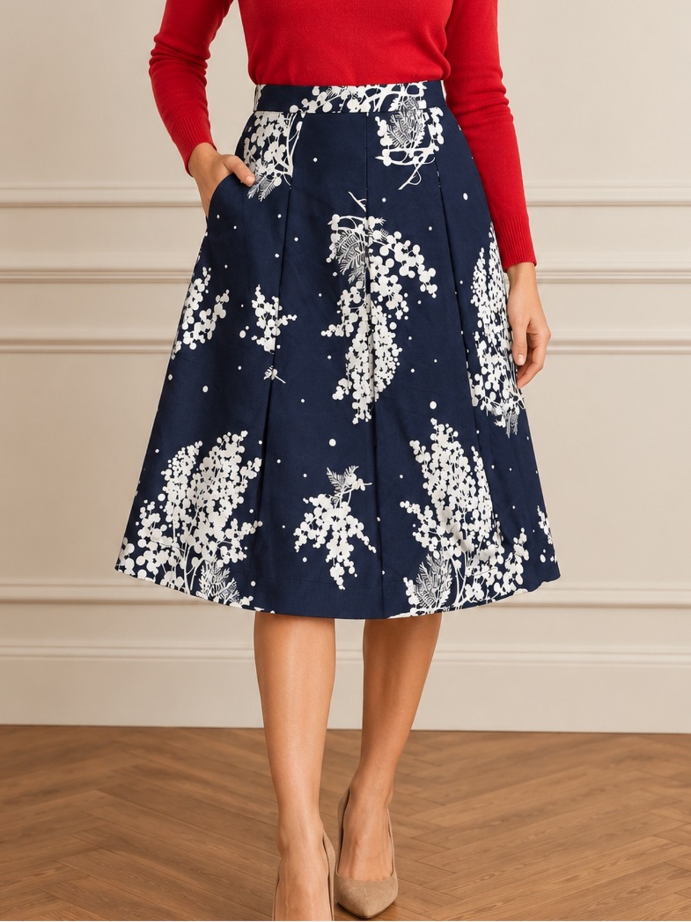 Boden Lola Pleated Skirt – Navy White Wisteria Floral – Size 8R NWT